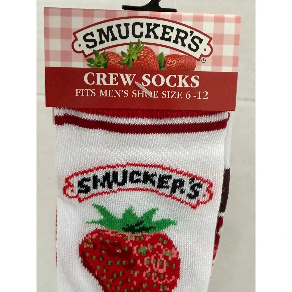 Smuckers Strawberry Jam Crew Socks Mens Shoe Size 6-12 White Red Odd Sox Novelty